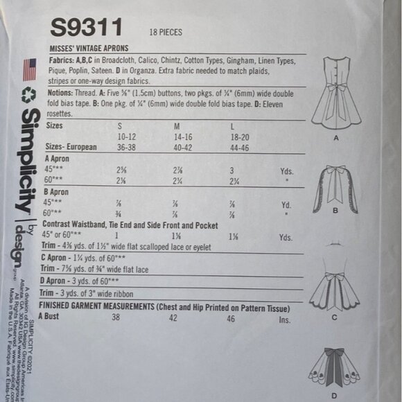 Simplicity S9311 1950s Vintage Full & Half Apron Reprint Sewing Pattern S-L FF - Picture 4 of 6